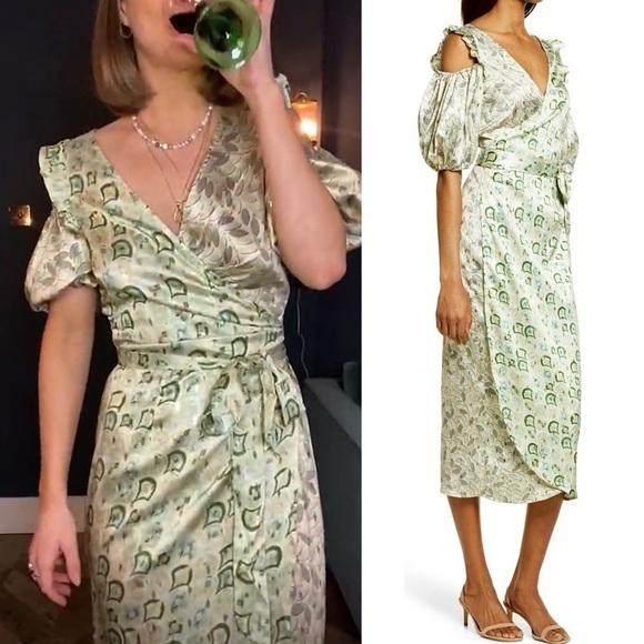 NEVER FULLY DRESSED Satin Puffed Sleeve Cold Shoulder Ruffled Wrap Midi Dress 2 - Picture 3 of 13